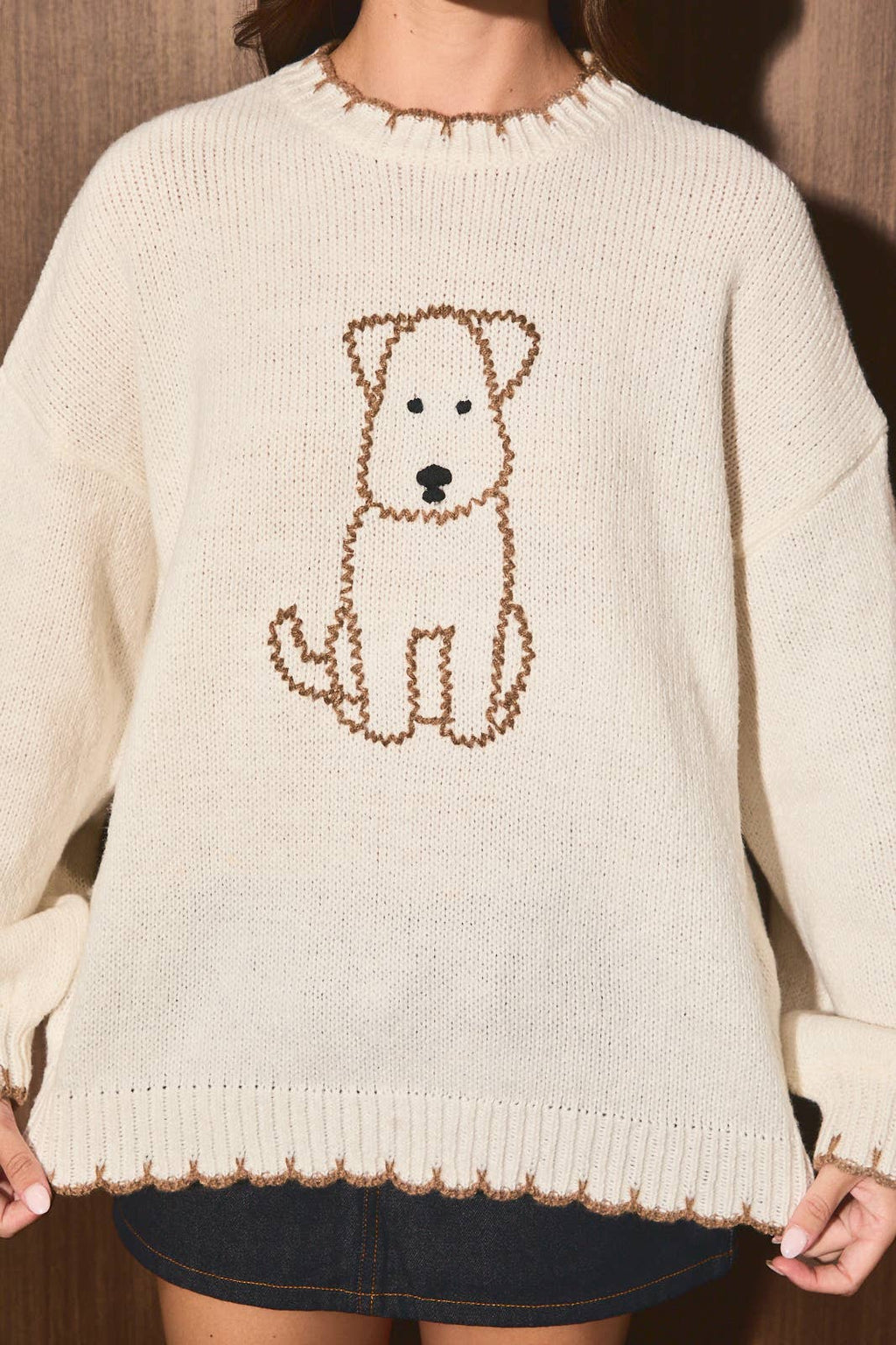 Embroidered Dog Whipstitch Crew Neck Knit Sweater